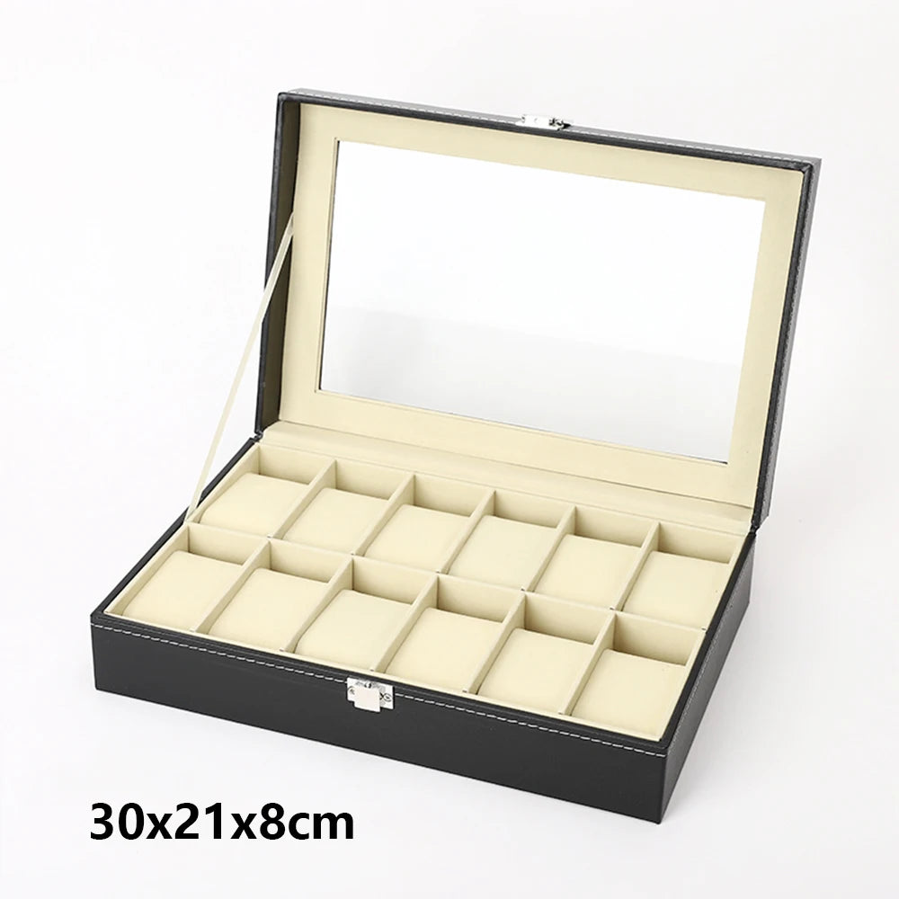 Hot Sale PU Leather Display Storage Collection Organizer watch box Case With Glass Top Slot Men Watch Bracket Display Box Gifts